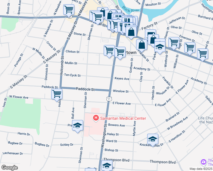 map of restaurants, bars, coffee shops, grocery stores, and more near 520 Washington Street in Watertown