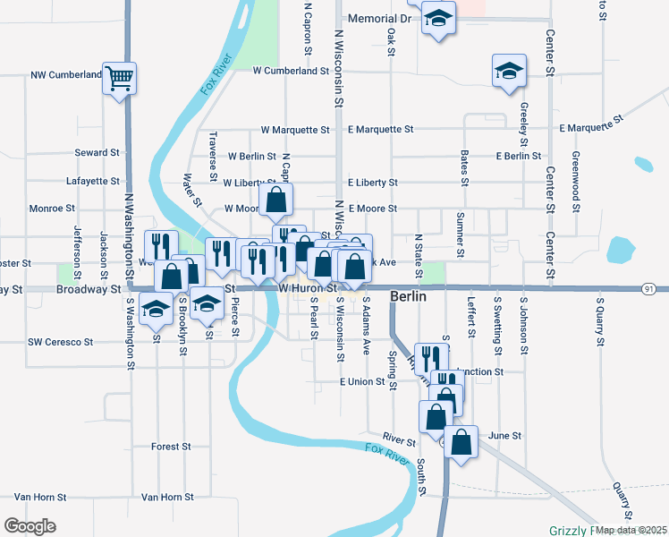 map of restaurants, bars, coffee shops, grocery stores, and more near 133 North Wisconsin Street in Berlin