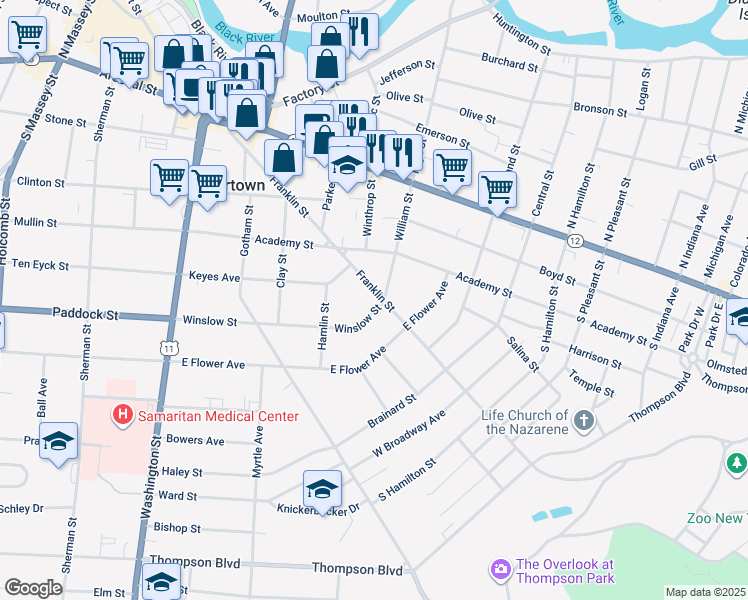 map of restaurants, bars, coffee shops, grocery stores, and more near 355 Winslow Street in Watertown