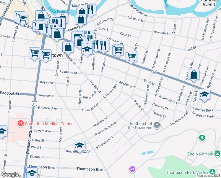 map of restaurants, bars, coffee shops, grocery stores, and more near 433 East Flower Avenue in Watertown