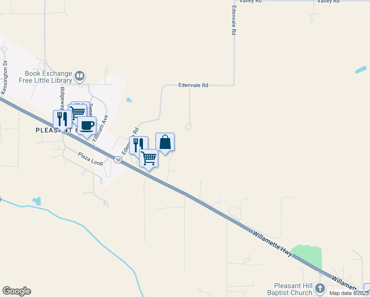 map of restaurants, bars, coffee shops, grocery stores, and more near 36039 Oregon 58 in Pleasant Hill