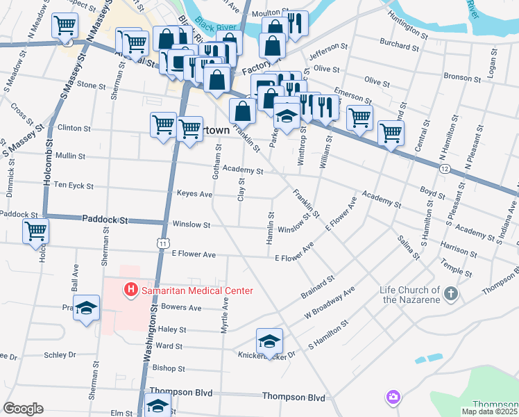 map of restaurants, bars, coffee shops, grocery stores, and more near 324 Keyes Avenue in Watertown