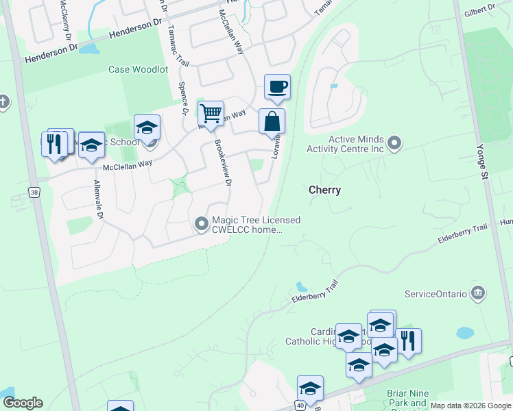 map of restaurants, bars, coffee shops, grocery stores, and more near 87 Stemmle Drive in Aurora