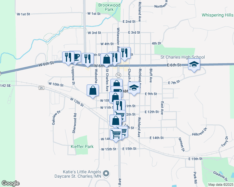 map of restaurants, bars, coffee shops, grocery stores, and more near 900 Whitewater Avenue in Saint Charles
