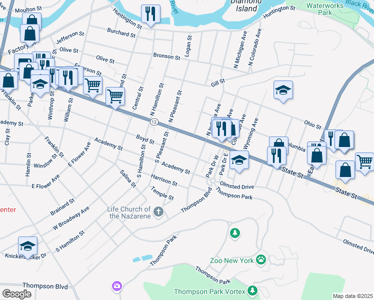 map of restaurants, bars, coffee shops, grocery stores, and more near 1129 Boyd Street in Watertown