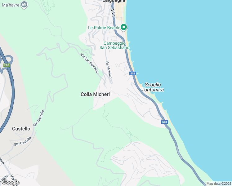 map of restaurants, bars, coffee shops, grocery stores, and more near 240A Via Punta Tacuara in Laigueglia