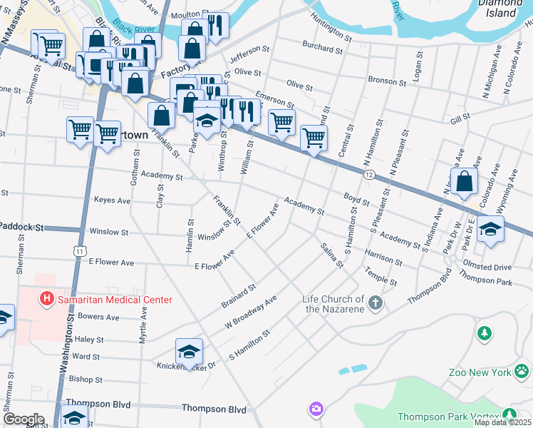 map of restaurants, bars, coffee shops, grocery stores, and more near 433 East Flower Avenue in Watertown