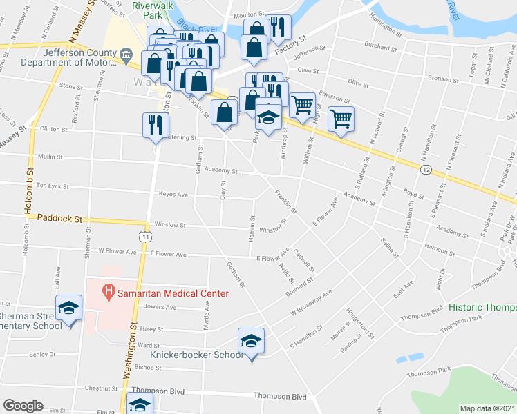 map of restaurants, bars, coffee shops, grocery stores, and more near 506 Franklin Street in Watertown