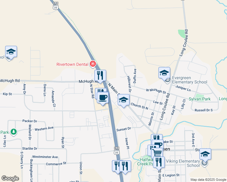 map of restaurants, bars, coffee shops, grocery stores, and more near 609 North Main Street in Holmen