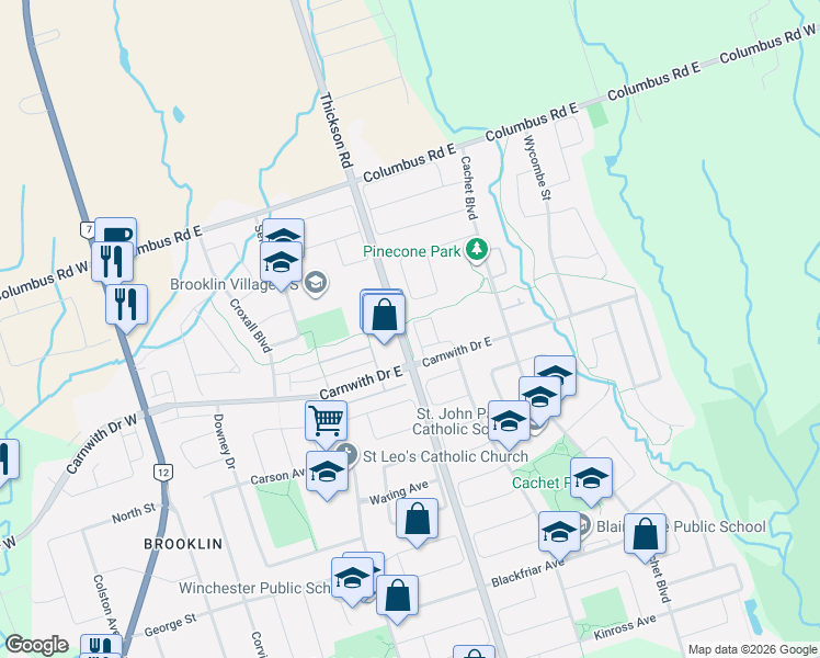 map of restaurants, bars, coffee shops, grocery stores, and more near 86 Mildenhall Place in Whitby