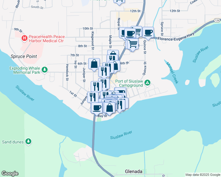 map of restaurants, bars, coffee shops, grocery stores, and more near U.S. 101 in Florence
