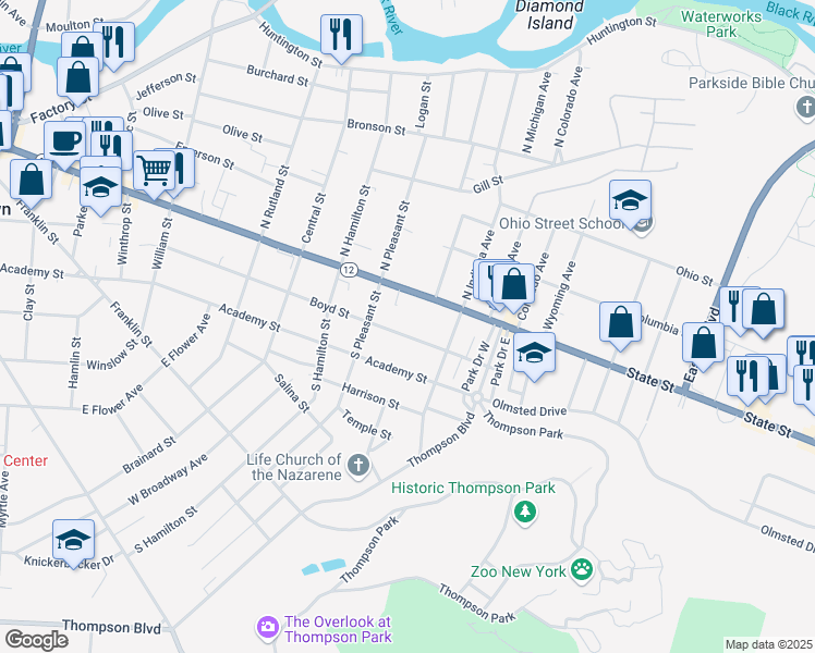 map of restaurants, bars, coffee shops, grocery stores, and more near 1129 Boyd Street in Watertown