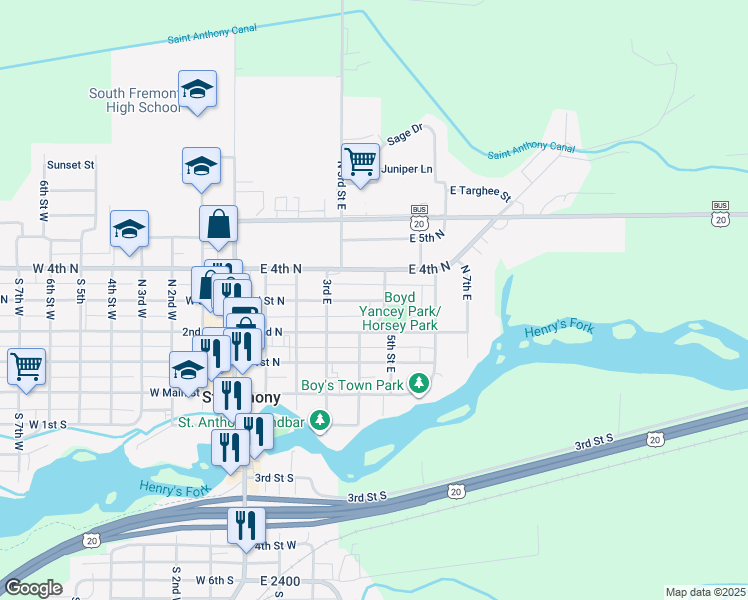 map of restaurants, bars, coffee shops, grocery stores, and more near 381 East 3rd North in St. Anthony
