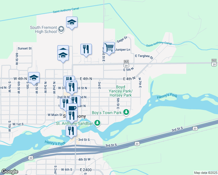 map of restaurants, bars, coffee shops, grocery stores, and more near 381 E 3rd N in St Anthony