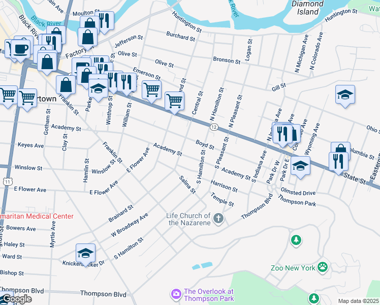 map of restaurants, bars, coffee shops, grocery stores, and more near 215 Arlington Street in Watertown