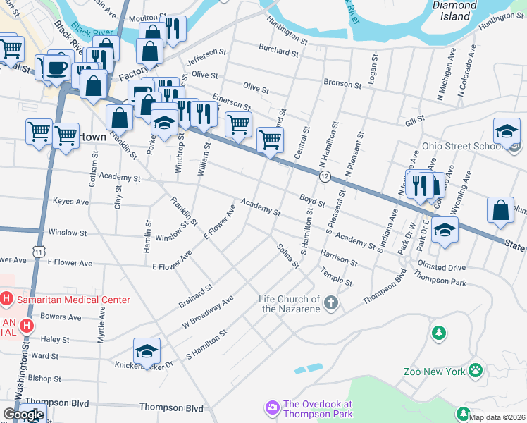 map of restaurants, bars, coffee shops, grocery stores, and more near 814 Academy Street in Watertown