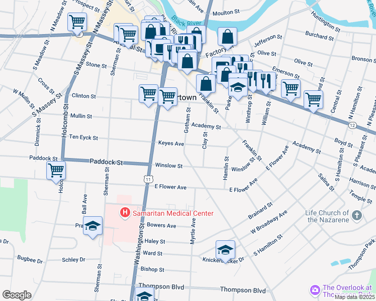 map of restaurants, bars, coffee shops, grocery stores, and more near 204 Keyes Avenue in Watertown
