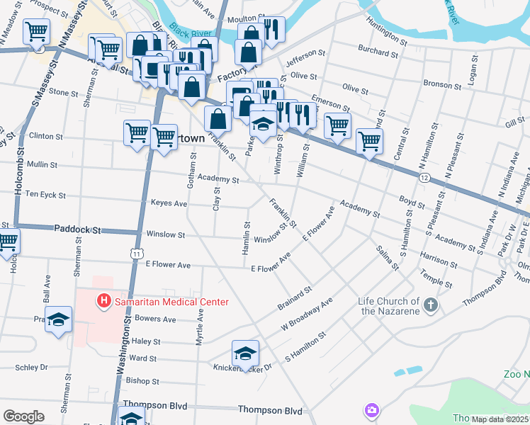 map of restaurants, bars, coffee shops, grocery stores, and more near 506 Franklin Street in Watertown
