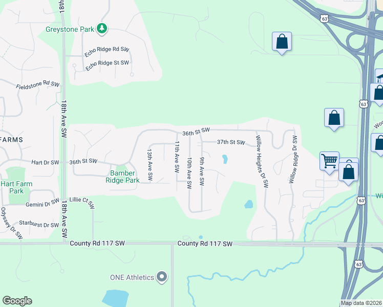 map of restaurants, bars, coffee shops, grocery stores, and more near 3707 10th Avenue Southwest in Rochester