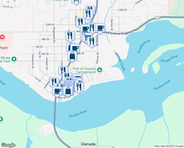 map of restaurants, bars, coffee shops, grocery stores, and more near 272 Harbor Street in Florence
