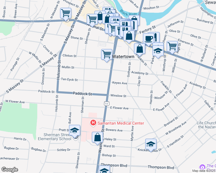 map of restaurants, bars, coffee shops, grocery stores, and more near 520 Washington Street in Watertown