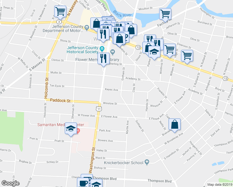 map of restaurants, bars, coffee shops, grocery stores, and more near 140 Keyes Avenue in Watertown