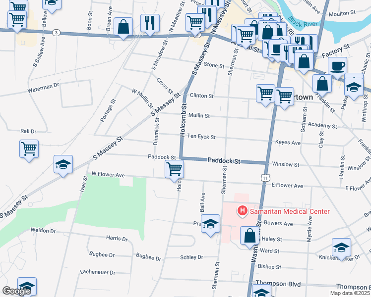 map of restaurants, bars, coffee shops, grocery stores, and more near 521 Holcomb Street in Watertown