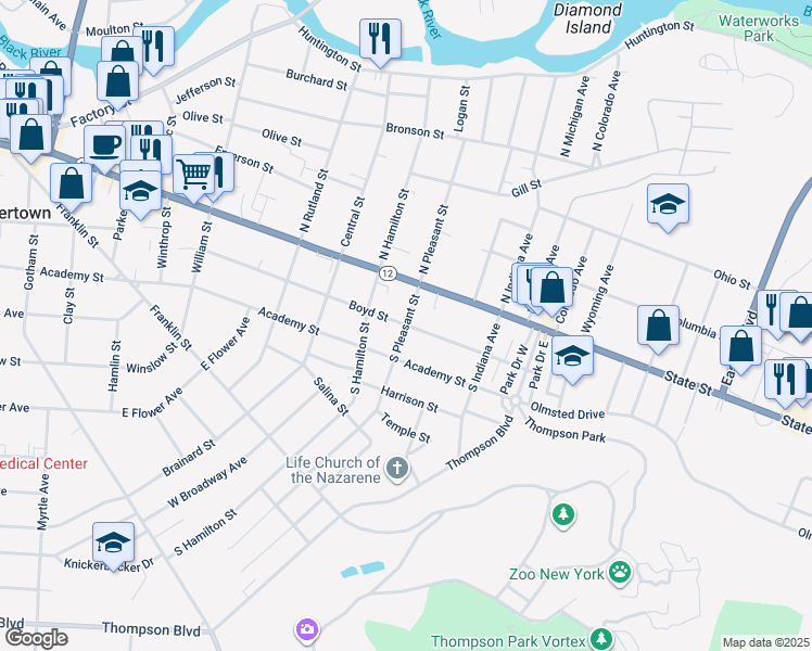 map of restaurants, bars, coffee shops, grocery stores, and more near Boyd Street & Pleasant Street South in Watertown