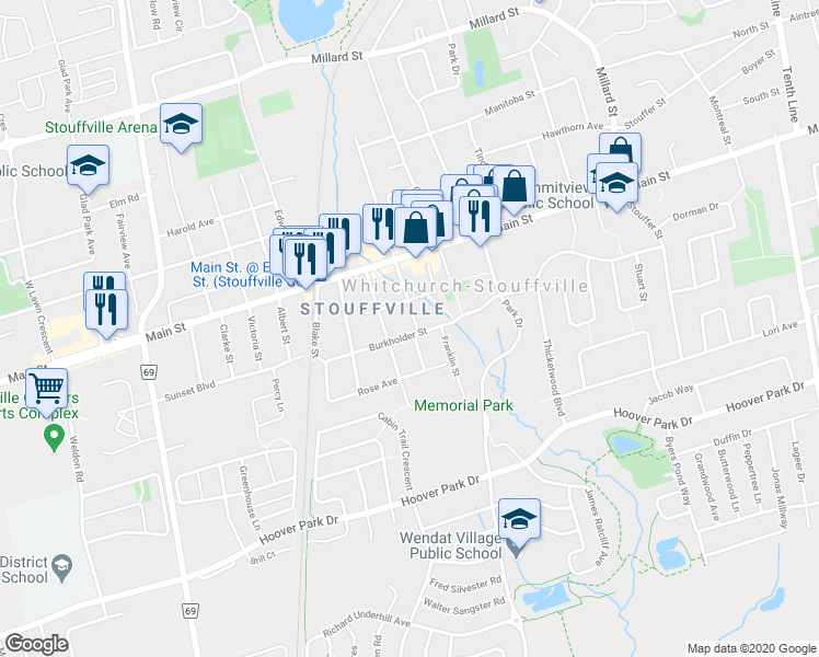 map of restaurants, bars, coffee shops, grocery stores, and more near 72 Market Street in Whitchurch-Stouffville