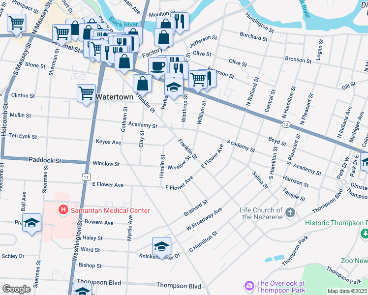 map of restaurants, bars, coffee shops, grocery stores, and more near 326 William Street in Watertown