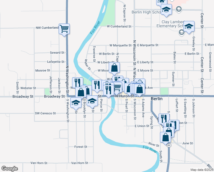 map of restaurants, bars, coffee shops, grocery stores, and more near 147 Water Street in Berlin