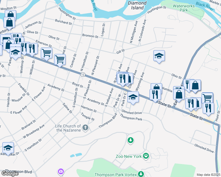 map of restaurants, bars, coffee shops, grocery stores, and more near 110 South Indiana Avenue in Watertown