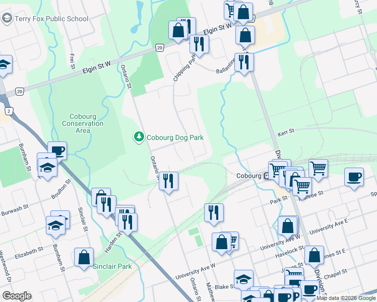 map of restaurants, bars, coffee shops, grocery stores, and more near 209 Sutherland Crescent in Cobourg