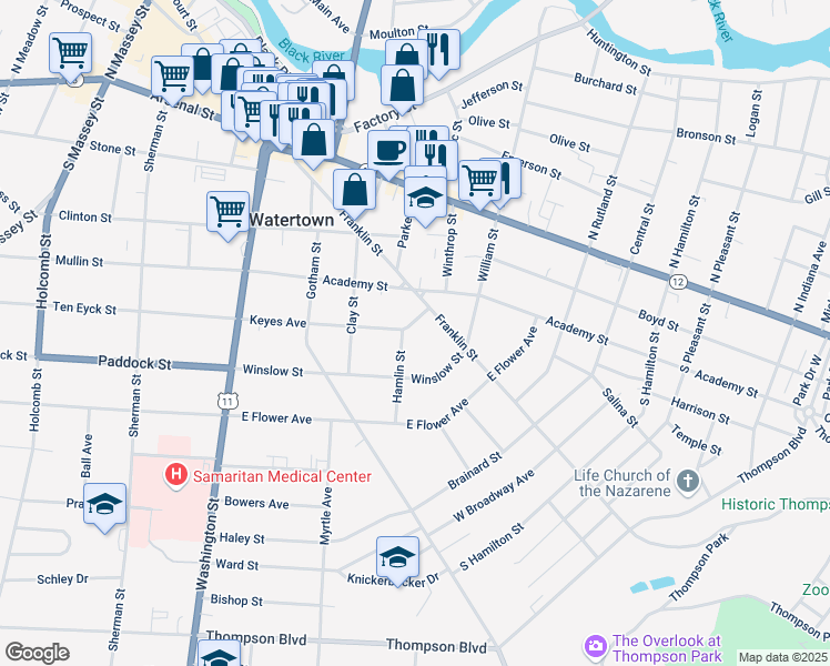 map of restaurants, bars, coffee shops, grocery stores, and more near 340 Keyes Avenue in Watertown