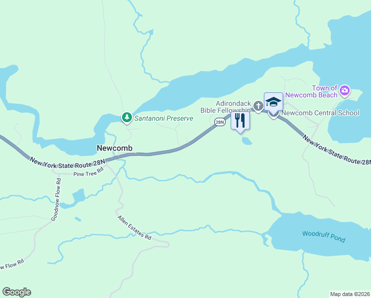 map of restaurants, bars, coffee shops, grocery stores, and more near State Highway 28N in Newcomb