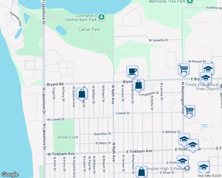 map of restaurants, bars, coffee shops, grocery stores, and more near 1035 North Rath Avenue in Ludington