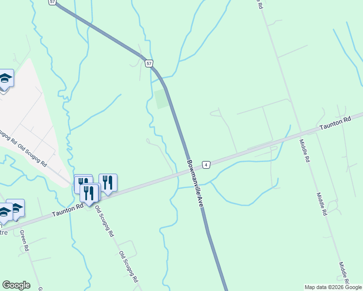 map of restaurants, bars, coffee shops, grocery stores, and more near 5080 Bowmanville Avenue in Clarington