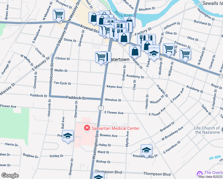 map of restaurants, bars, coffee shops, grocery stores, and more near 120 Keyes Avenue in Watertown