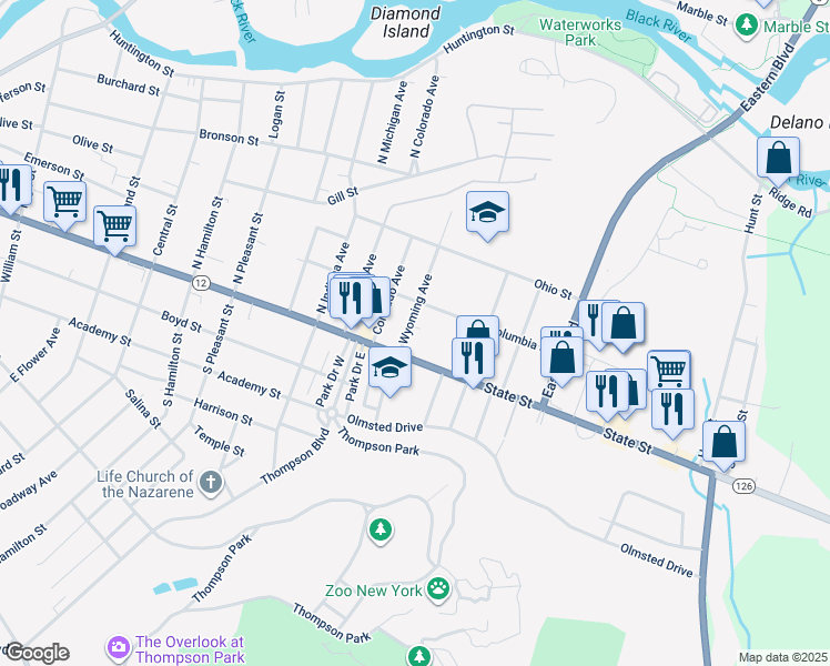 map of restaurants, bars, coffee shops, grocery stores, and more near 1502 Amherst St in Watertown