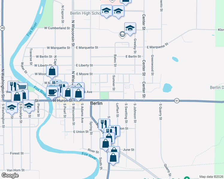 map of restaurants, bars, coffee shops, grocery stores, and more near 231 East Park Avenue in Berlin