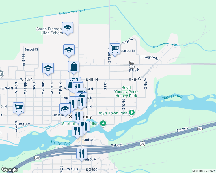 map of restaurants, bars, coffee shops, grocery stores, and more near 307 East 3rd North in Saint Anthony