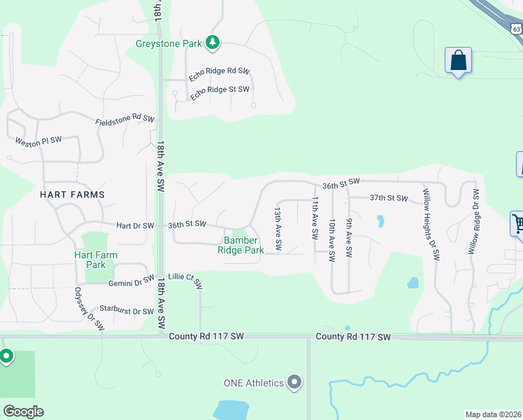 map of restaurants, bars, coffee shops, grocery stores, and more near 1402 36th Street Southwest in Rochester