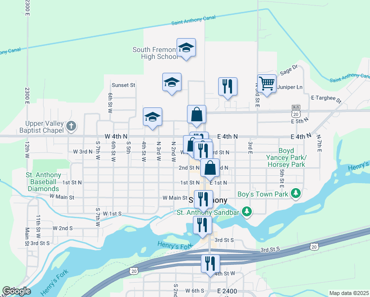 map of restaurants, bars, coffee shops, grocery stores, and more near 105 West 3rd North in Saint Anthony