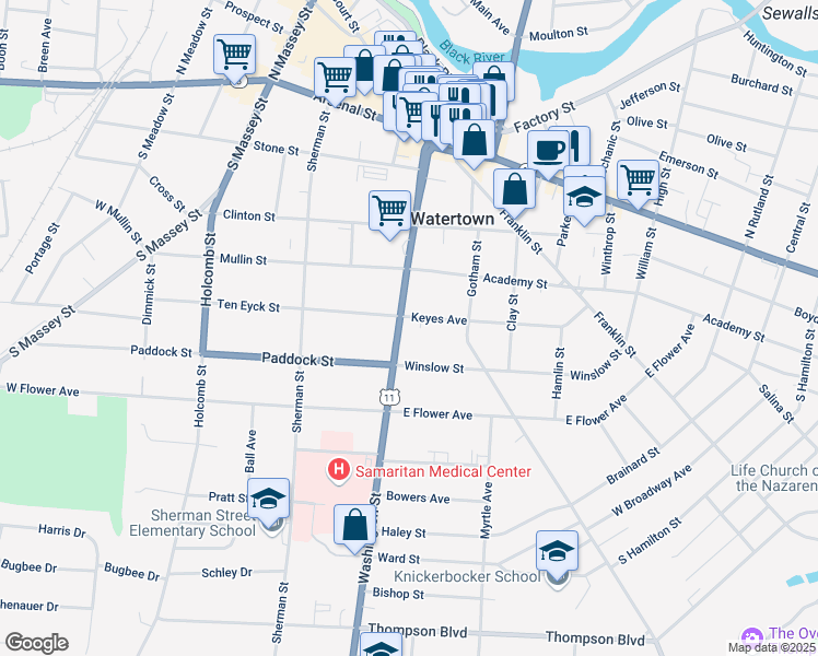 map of restaurants, bars, coffee shops, grocery stores, and more near 505 Washington Street in Watertown