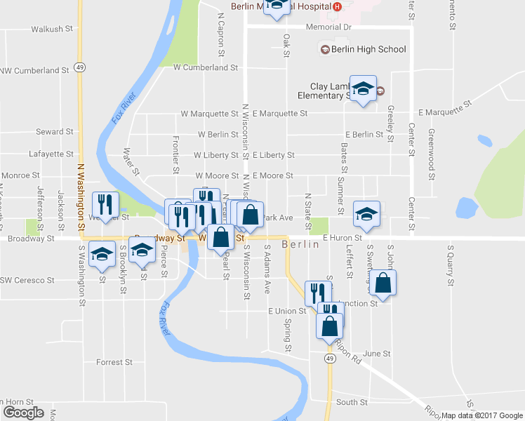map of restaurants, bars, coffee shops, grocery stores, and more near 123 East Park Avenue in Berlin