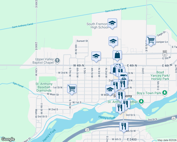 map of restaurants, bars, coffee shops, grocery stores, and more near 429 West 3rd North in Saint Anthony