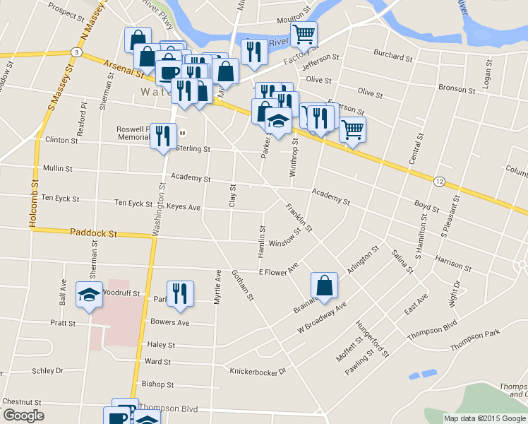 map of restaurants, bars, coffee shops, grocery stores, and more near Keyes Ave & Hamlin St in Watertown