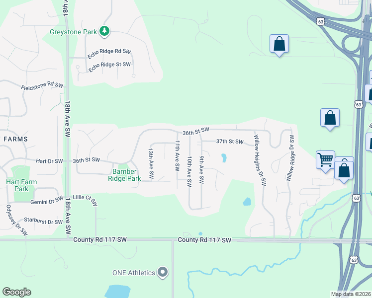 map of restaurants, bars, coffee shops, grocery stores, and more near 3707 10th Avenue Southwest in Rochester