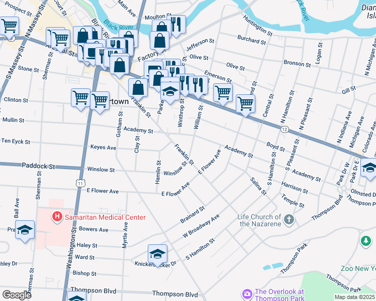 map of restaurants, bars, coffee shops, grocery stores, and more near 326 William St in Watertown