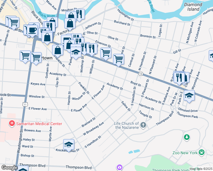 map of restaurants, bars, coffee shops, grocery stores, and more near 708 Academy St in Watertown